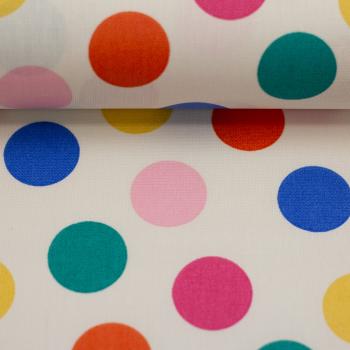 Preview: 50x68 cm Zuschnitt Baumwolle beschichtet Bunte Kreise auf Ecru by Swafing